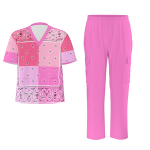 Scrubs - 4 Pink Square Bandana Scrubs w Bottoms