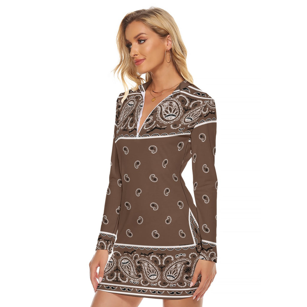 Zip Front Bandana Dress - Coffee