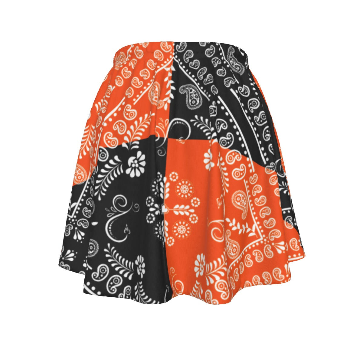 Skirt with orange and black paisley pattern on a white background