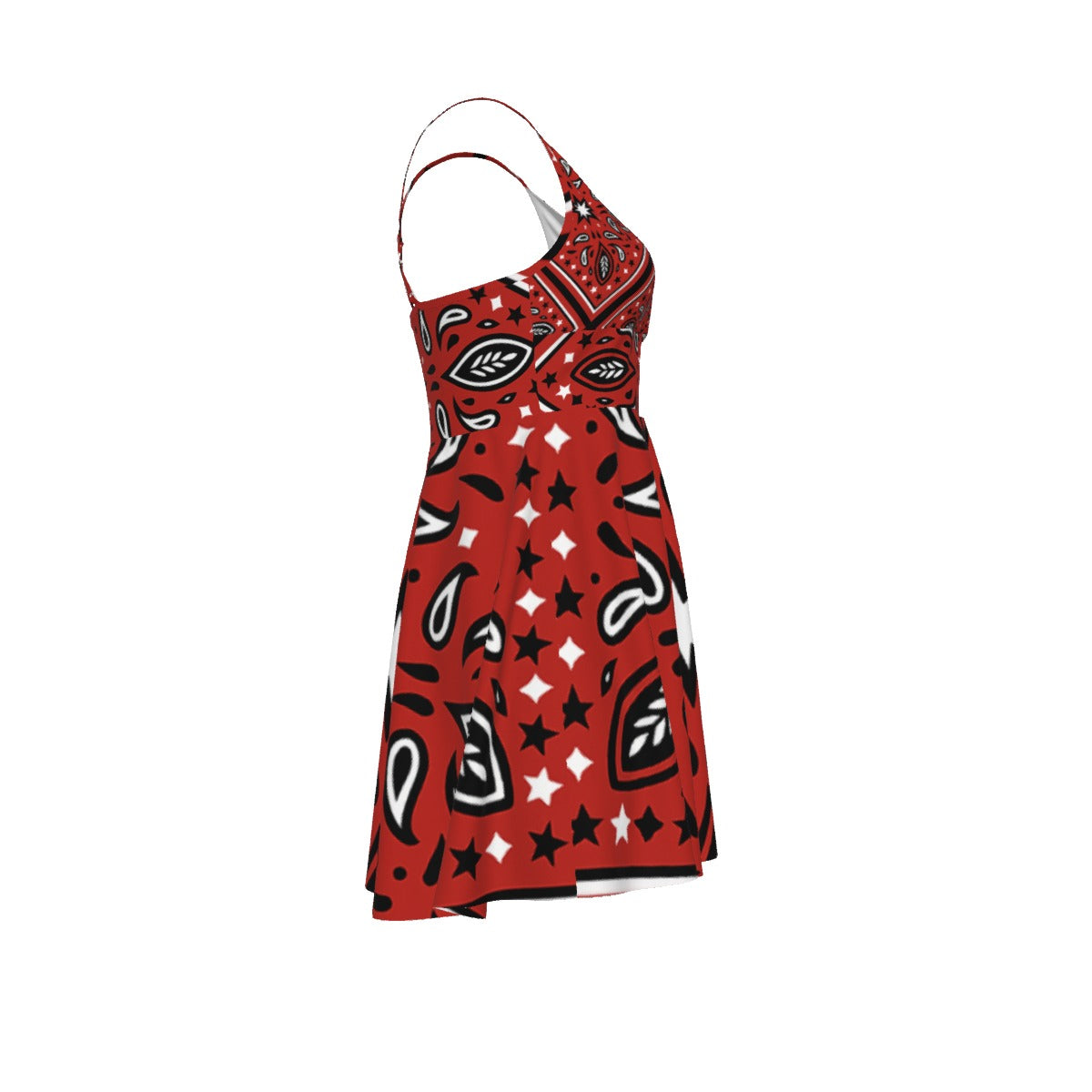Red dress with black and white pattern on a white background