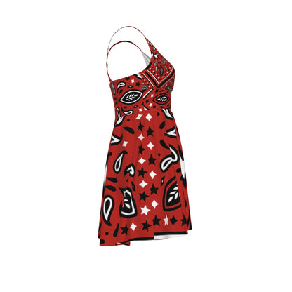 Red dress with black and white pattern on a white background