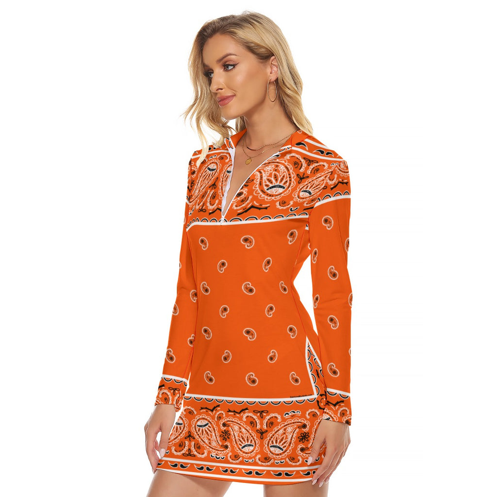 Zip Front Bandana Dress - Bright Orange