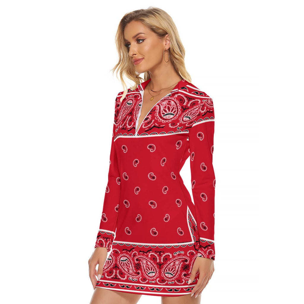 Zip Front Bandana Dress - Red