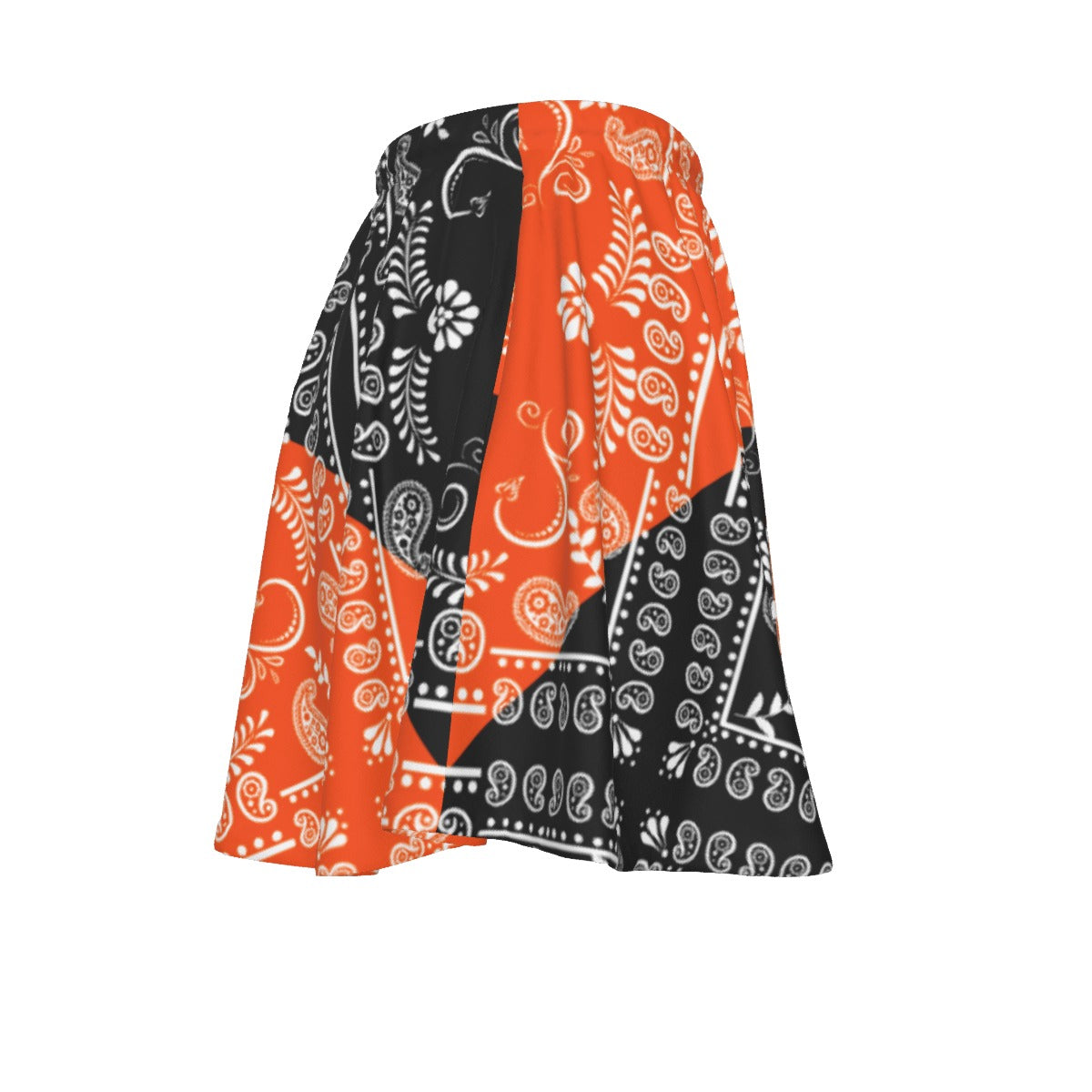Skirt with black, orange, and white pattern on a white background