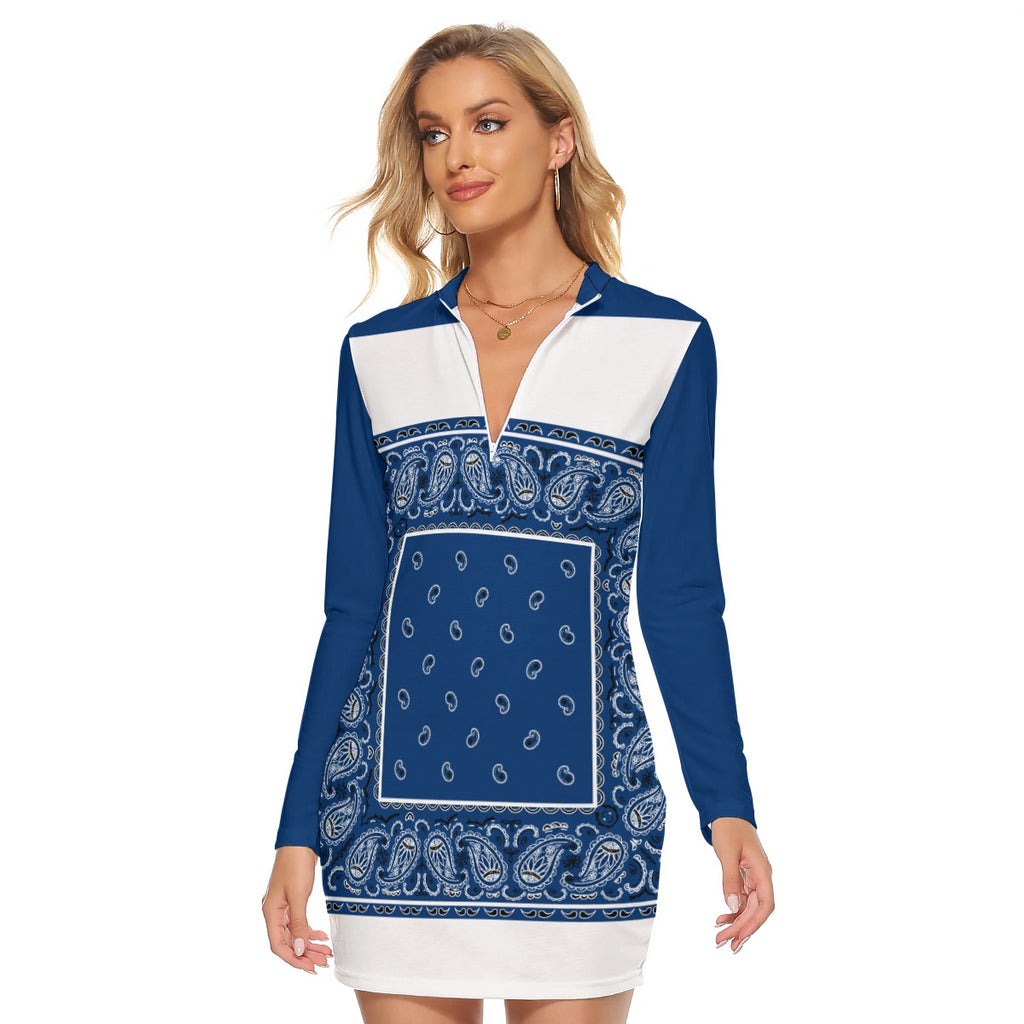 Zip Front Navy and White Bandana Dress