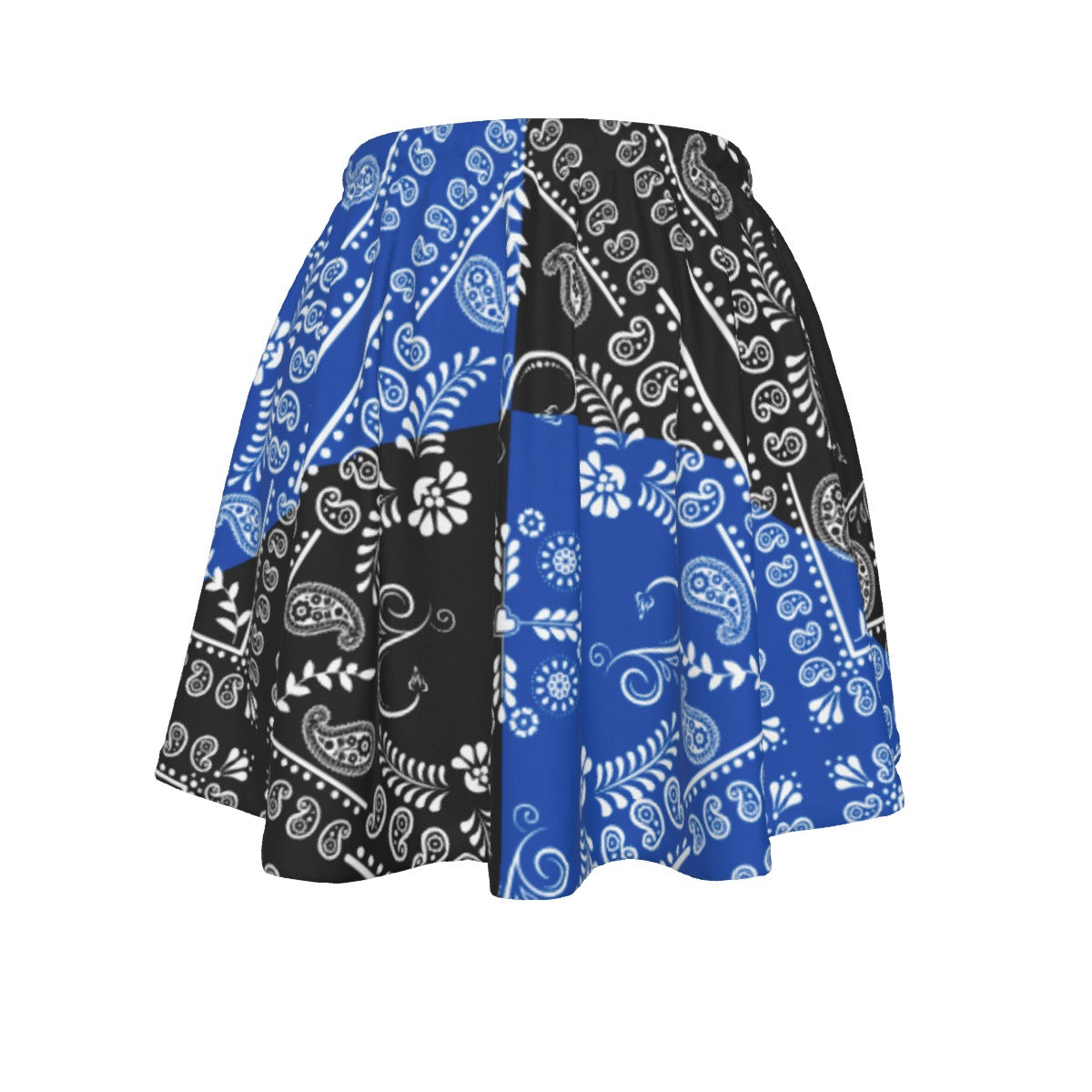 Blue and black patterned skirt on a white background