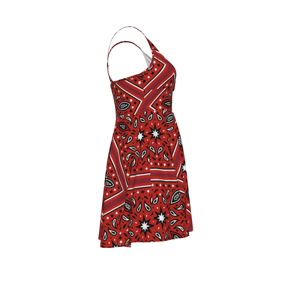 Side View of the Red patterned dress on a white background