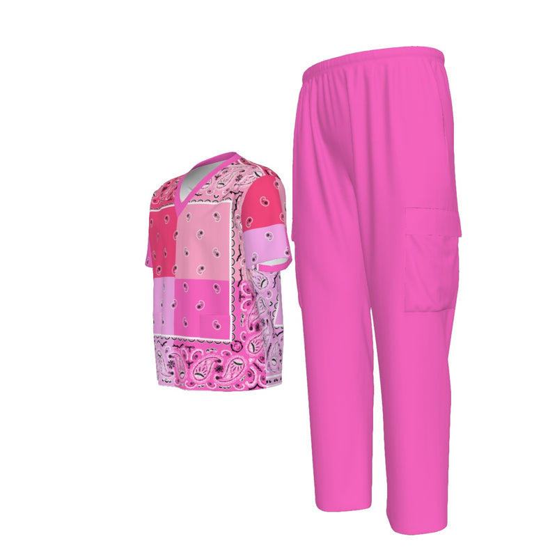 Scrubs - 4 Pink Square Bandana Scrubs w Bottoms