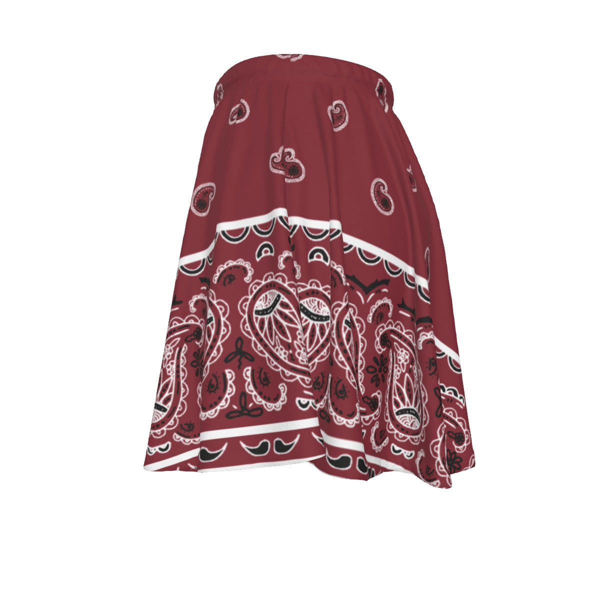 Maroon bandana patterned skirt on a white background