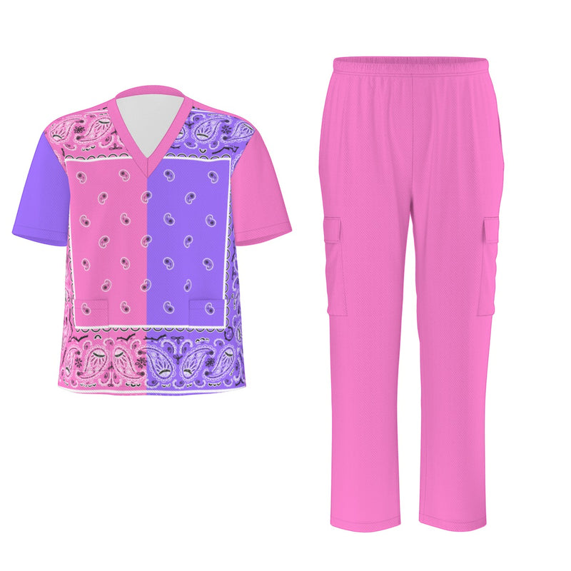 Scrubs - Pink and Purple Square Bandana Scrubs w Pink Bottoms & Plain Back