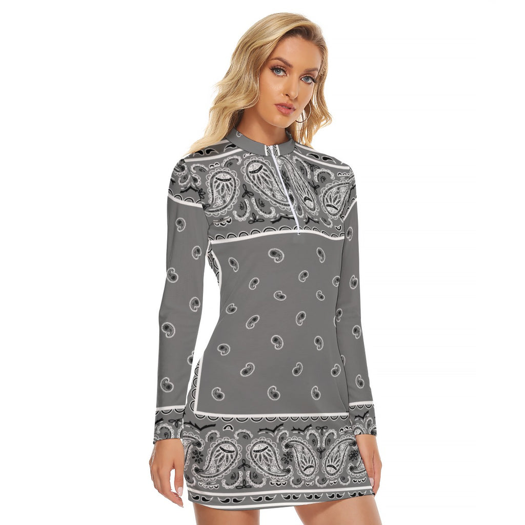 Zip Front Bandana Dress - Gray