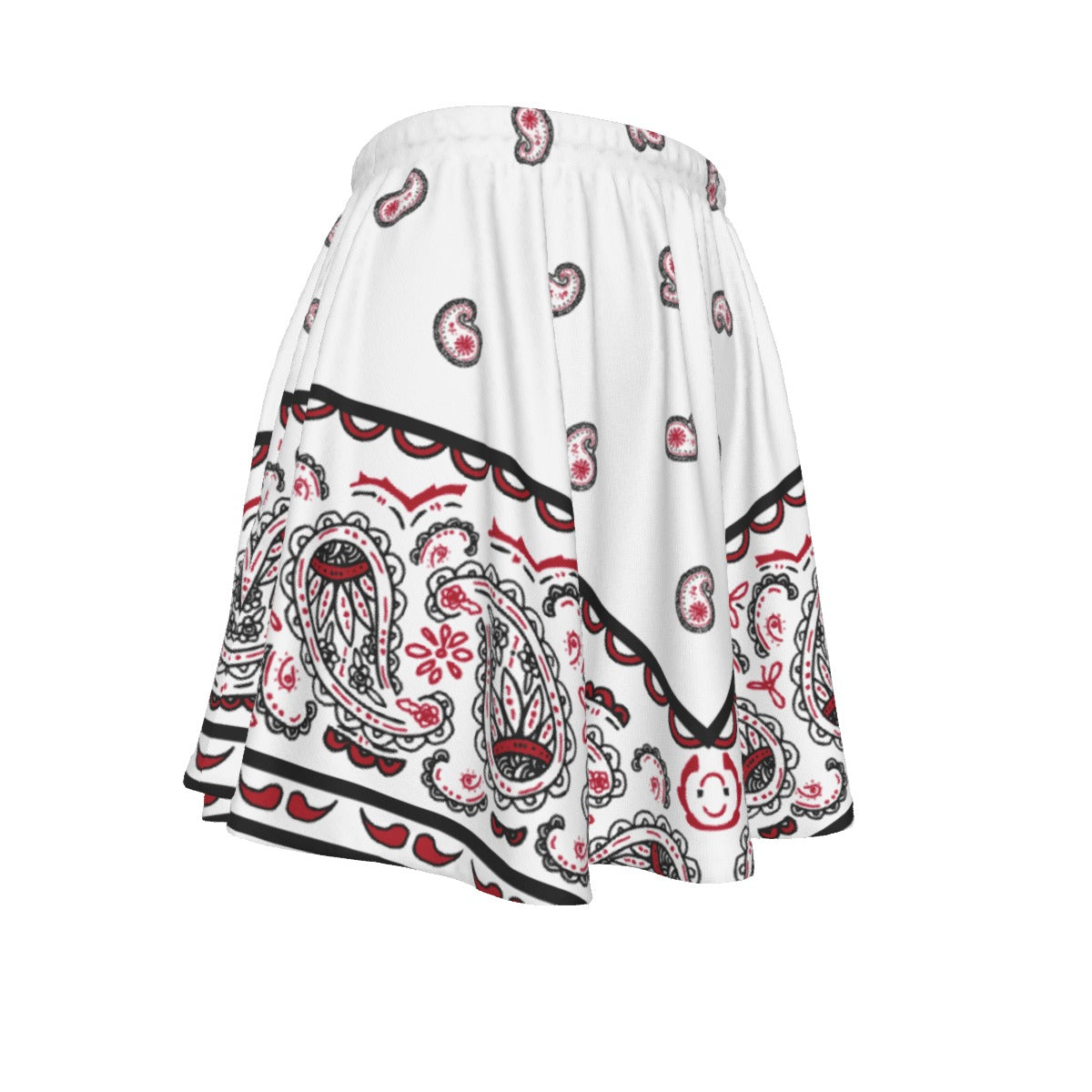 White skirt with red and black paisley pattern on a white background