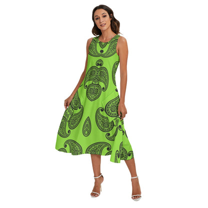 Women's Green Paisley Sleeveless Dress With Pockets