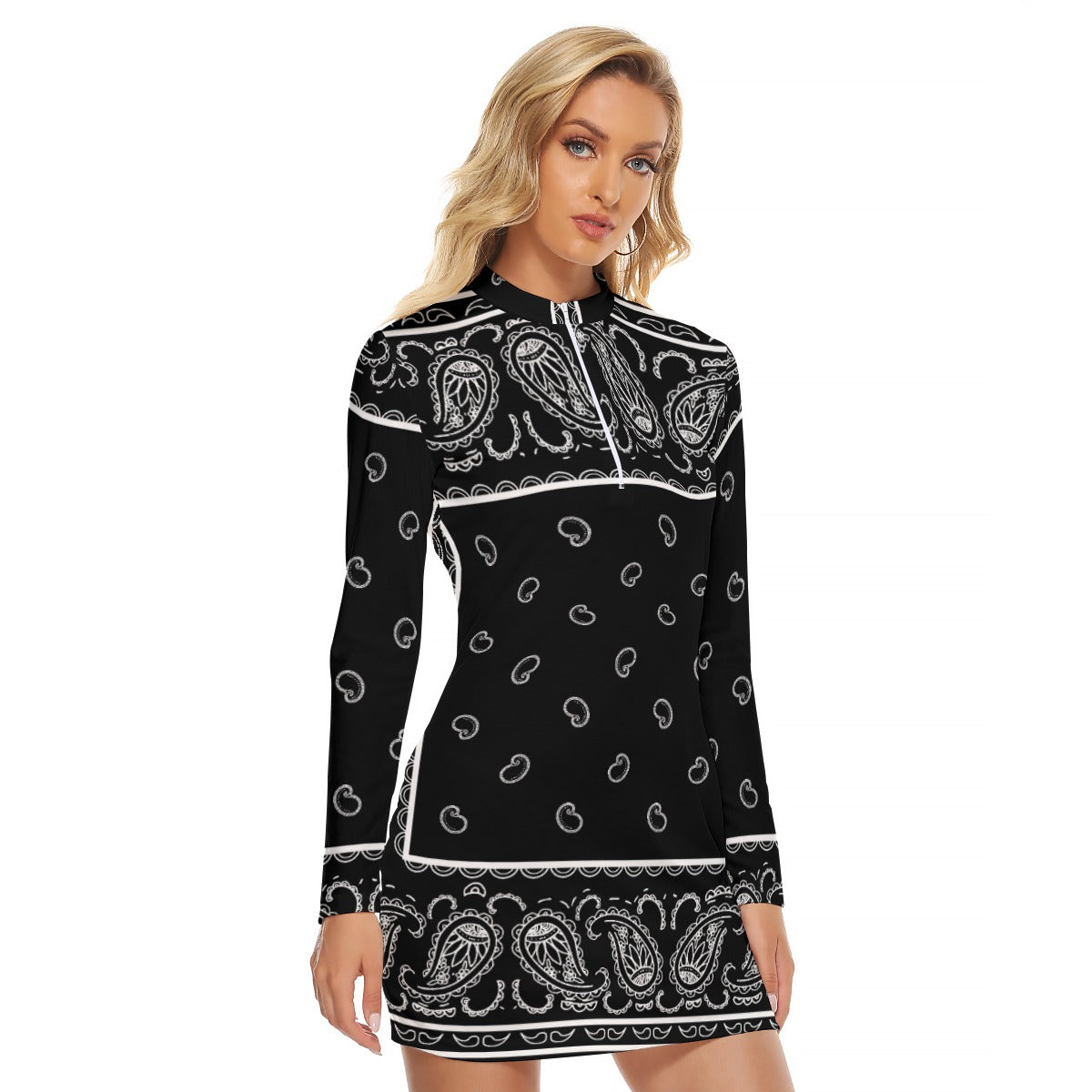 Zip Front Bandana Dress - Black