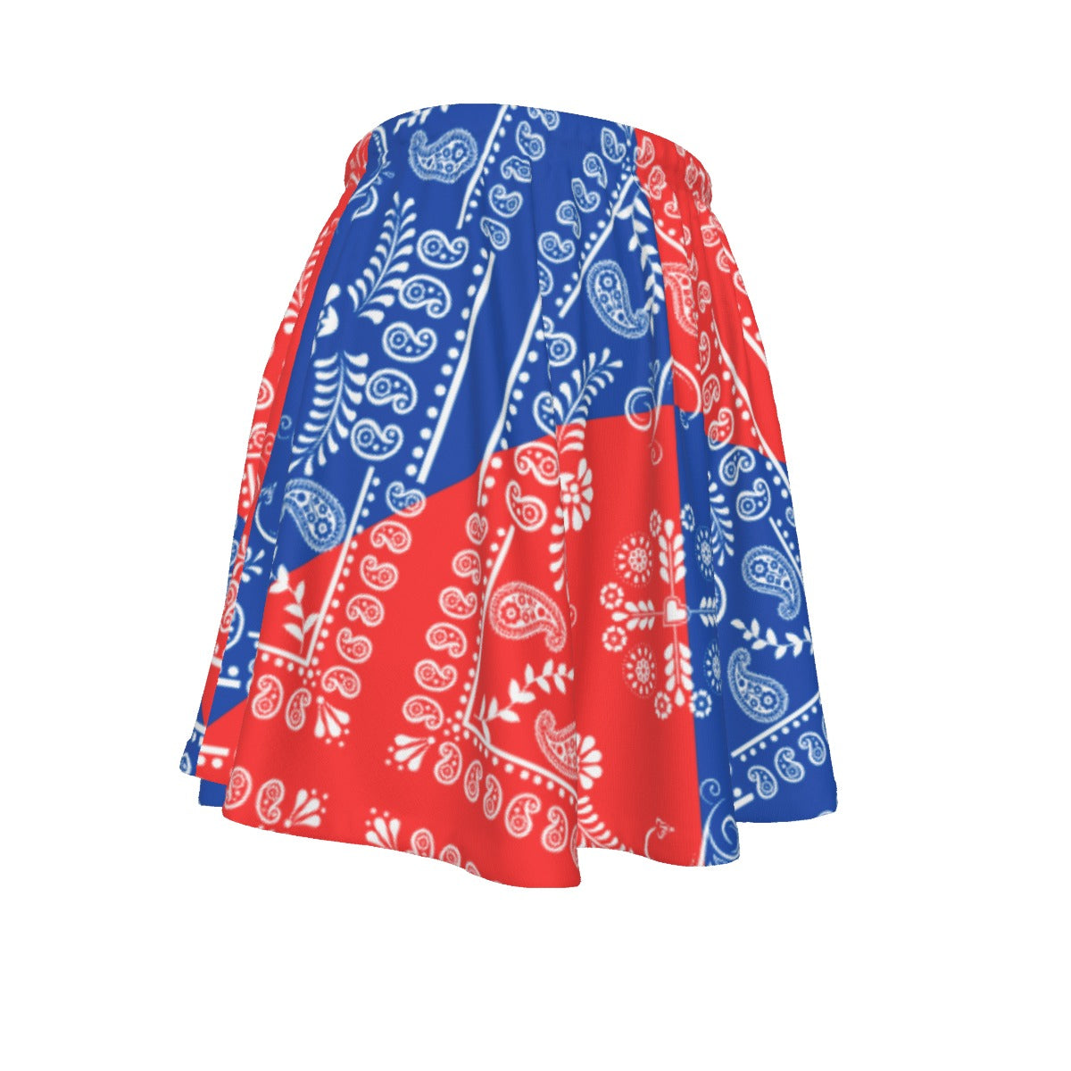 Red and blue patterned fabric on a white background