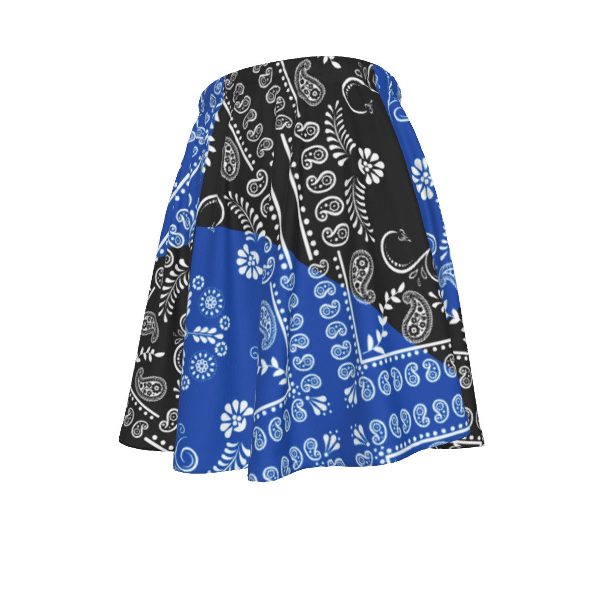 Skirt with black and blue paisley pattern on a white background