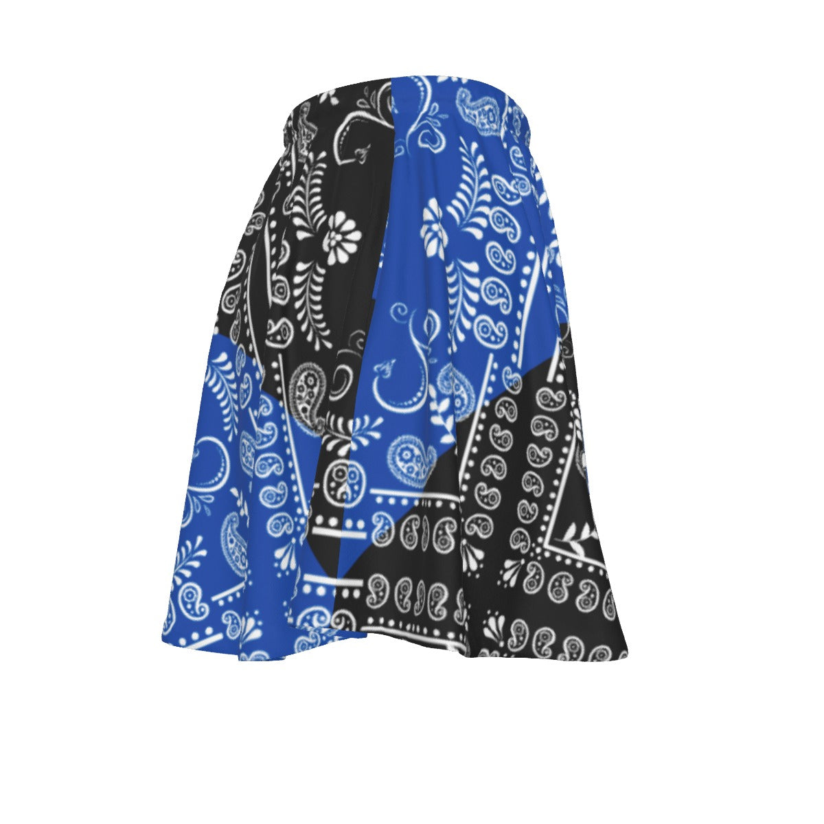 Blue and black patterned fabric on a white background