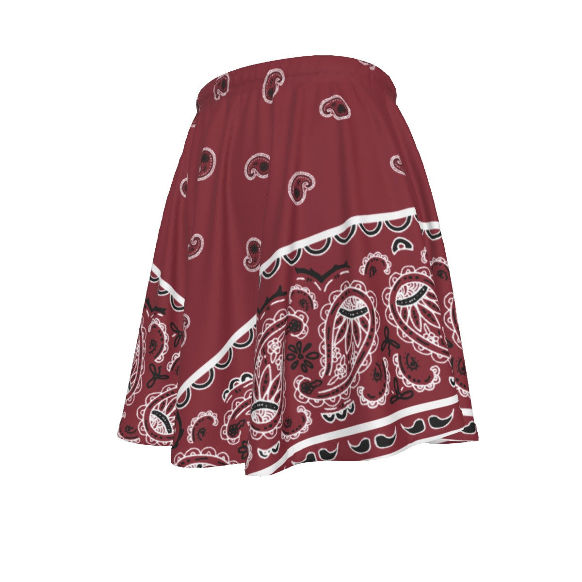 Maroon bandana patterned skirt on a white background
