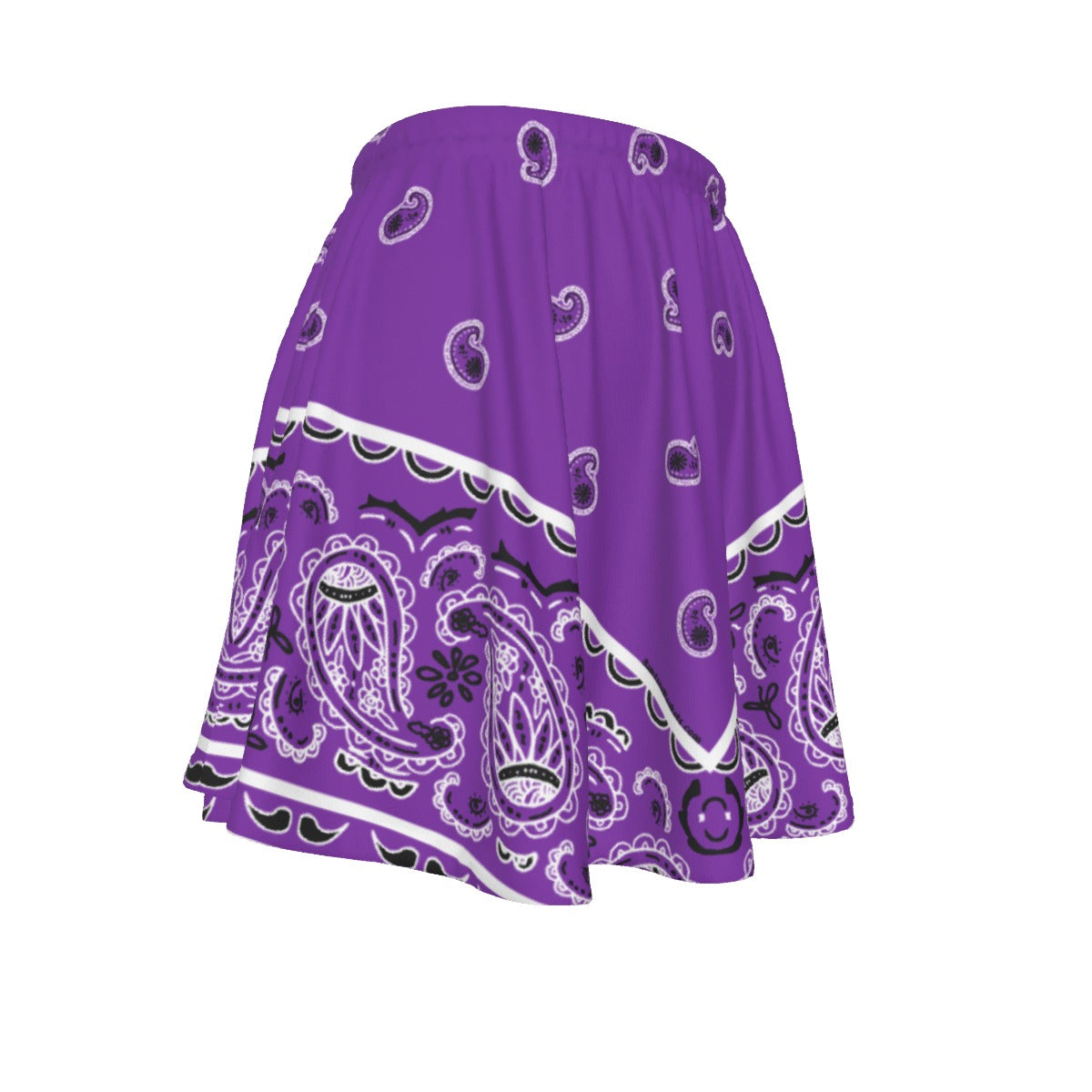 Purple bandana-style skirt with black and white patterns on a white background