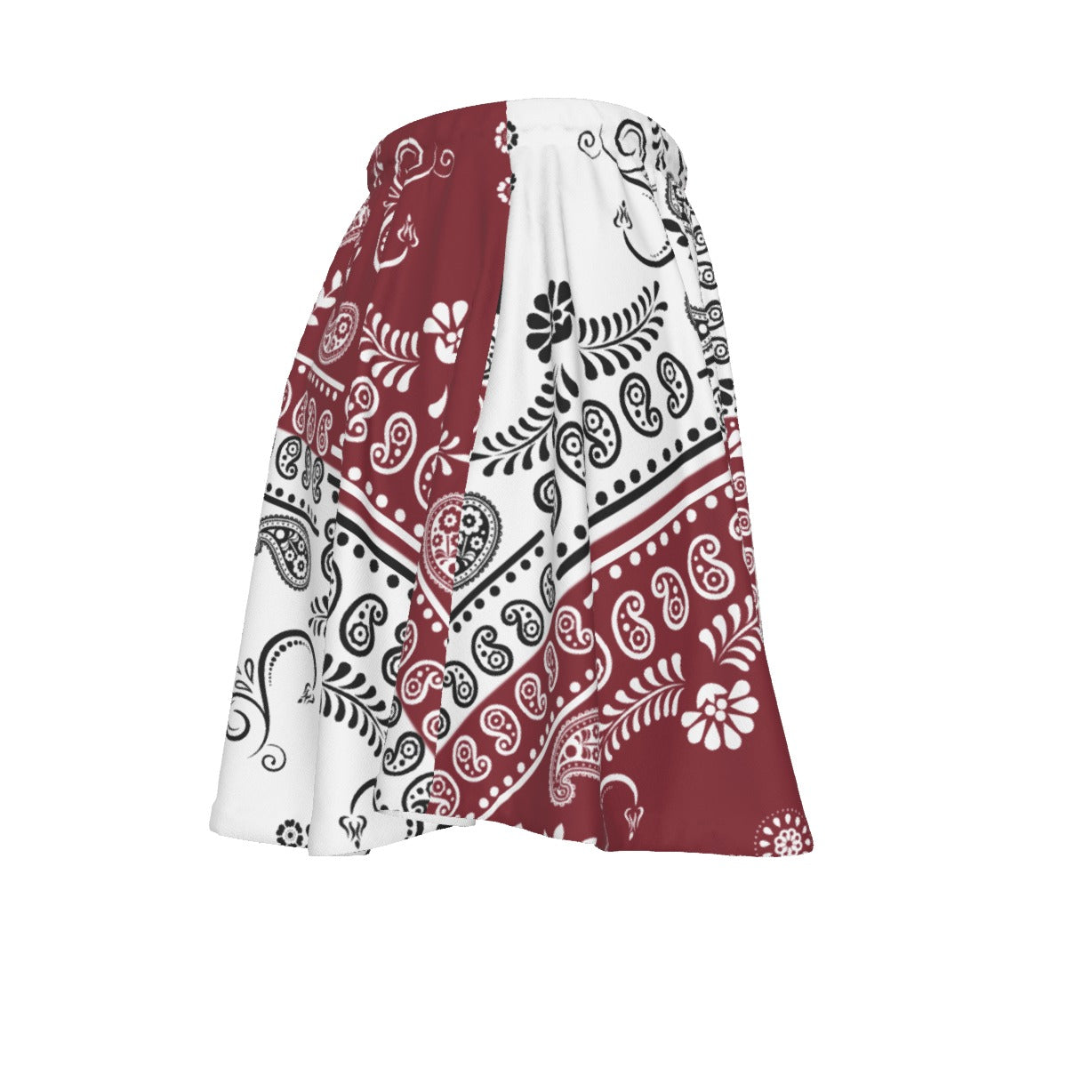 Skirt with maroon , white, and black pattern on a white background
