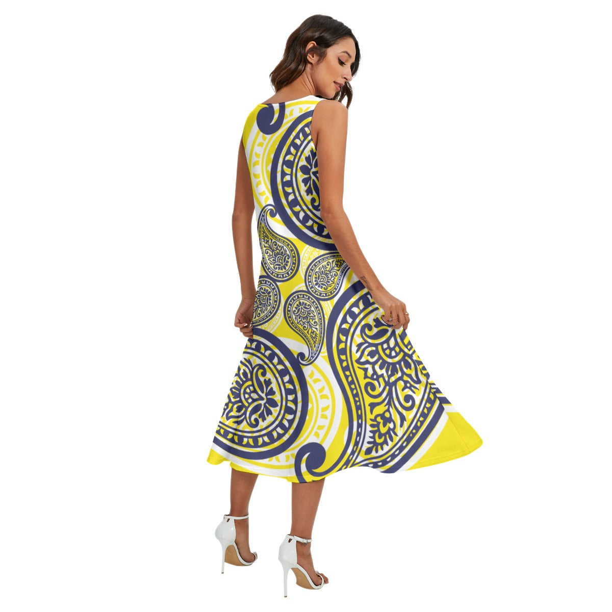 Yellow Blue Women's Dress With Pockets