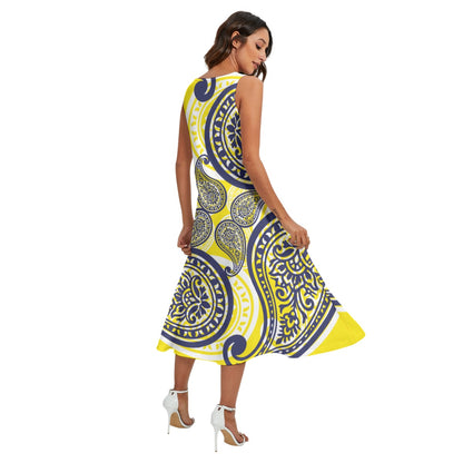 Yellow Blue Women's Dress With Pockets
