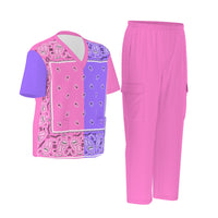 Scrubs - Pink and Purple Square Bandana Scrubs w Pink Bottoms & Plain Back