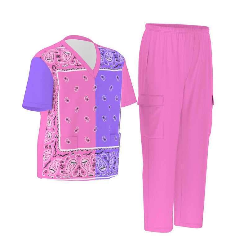 Scrubs - Pink and Purple Square Bandana Scrubs w Pink Bottoms & Plain Back