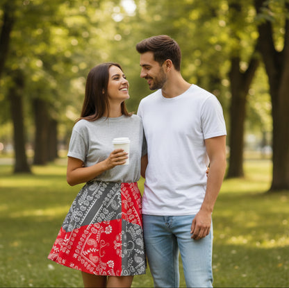 A man and a women in the park. She is wearing a Grey and Red Paisley motif Bandana Skirt with a t shirt. He is wearing a t shirt and jeans. She holds a cup of coffee.