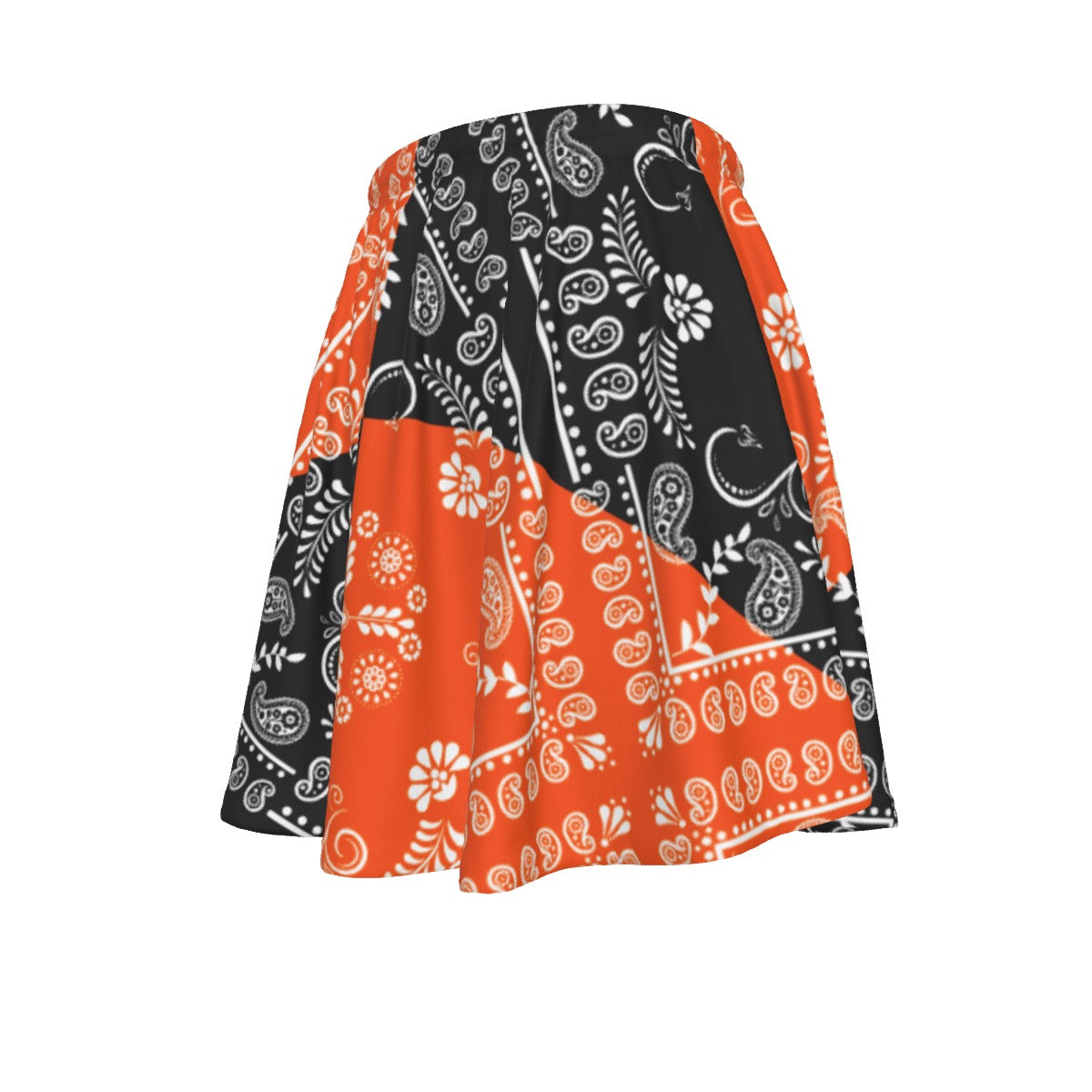 Skirt with black and orange paisley pattern on a white background