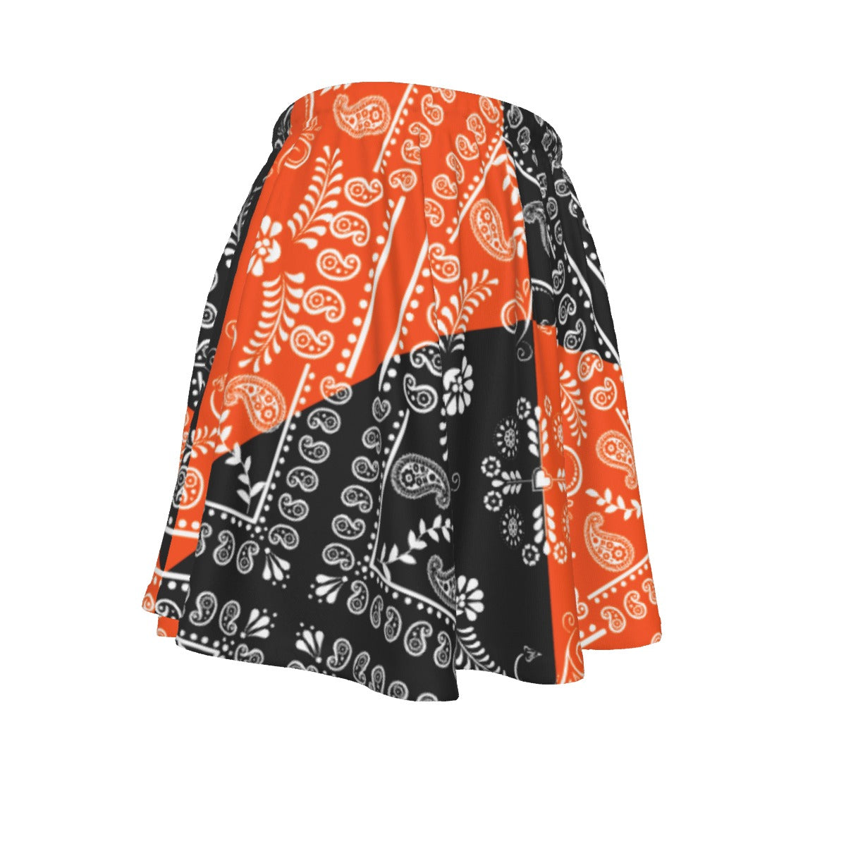Skirt with orange and black paisley pattern on a white background