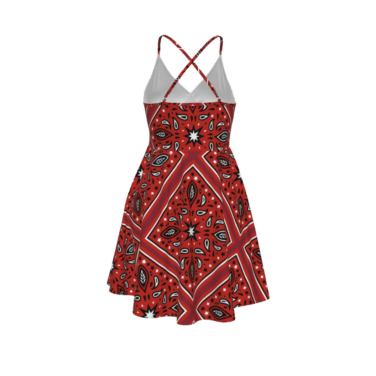 The Backview of the Red bandana patterned dress with white accents on a white background