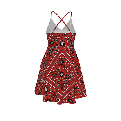 The Backview of the Red bandana patterned dress with white accents on a white background