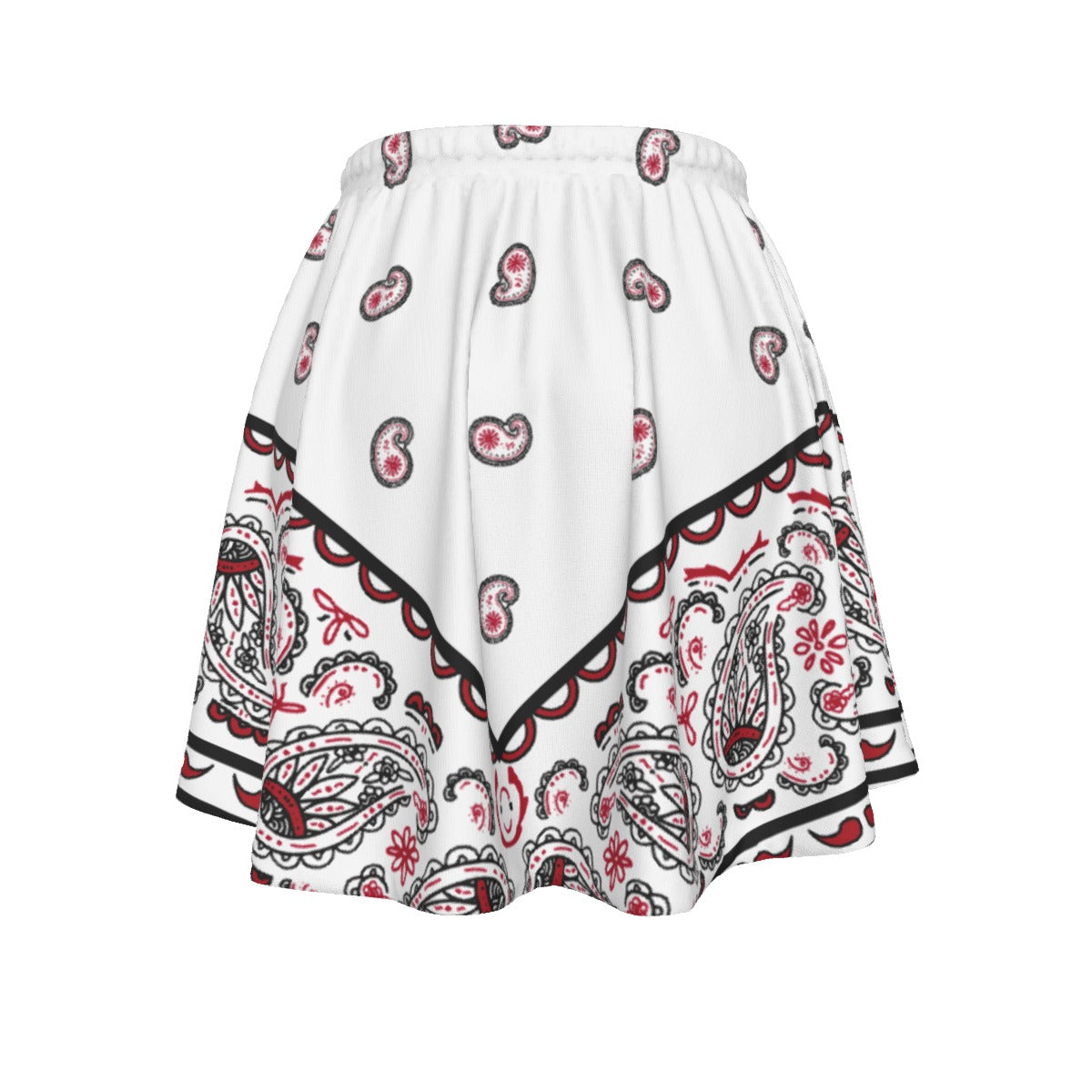 White skirt with red and black paisley pattern on a white background