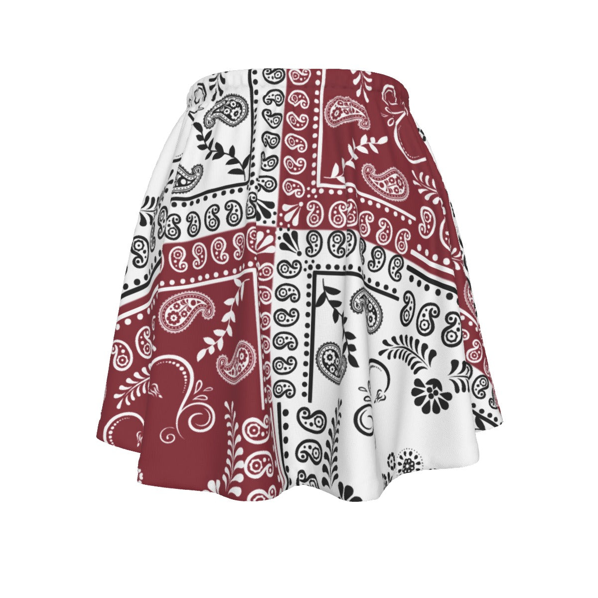 Skirt with Maroon , white, and black paisley pattern on a white background