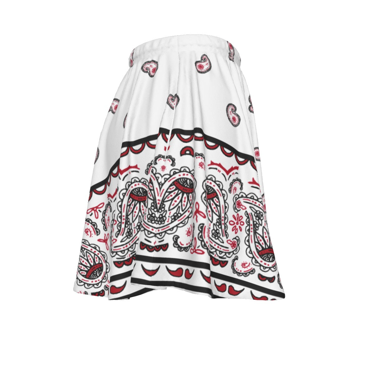 White skirt with red and black pattern on a white background