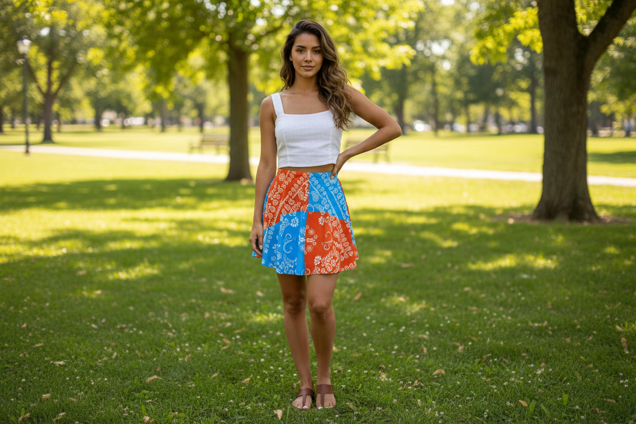 Skirt with orange and blue pattern on a white background