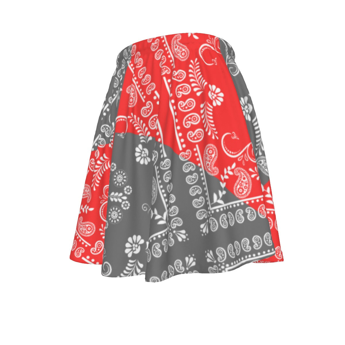 A red and grey paisley motif bandana skirt on white background