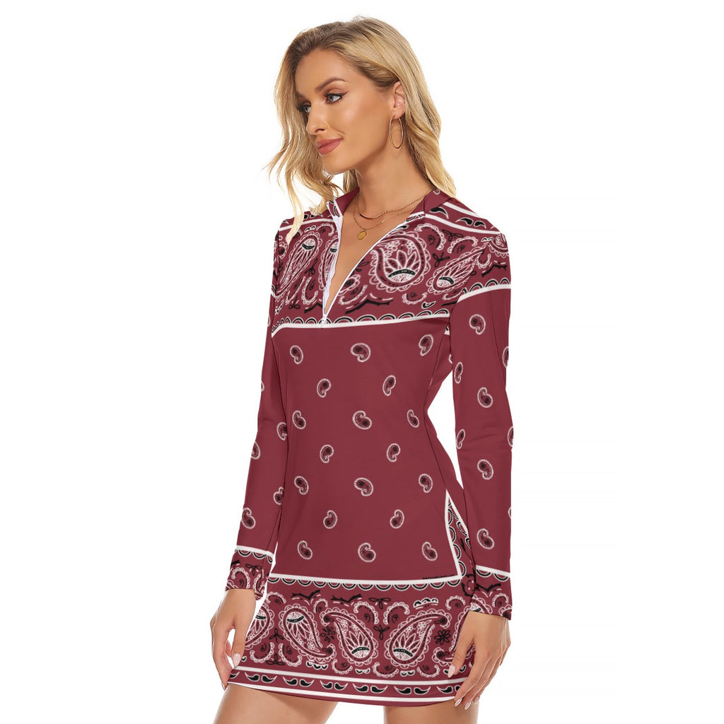 Zip Front Bandana Dress - Maroon