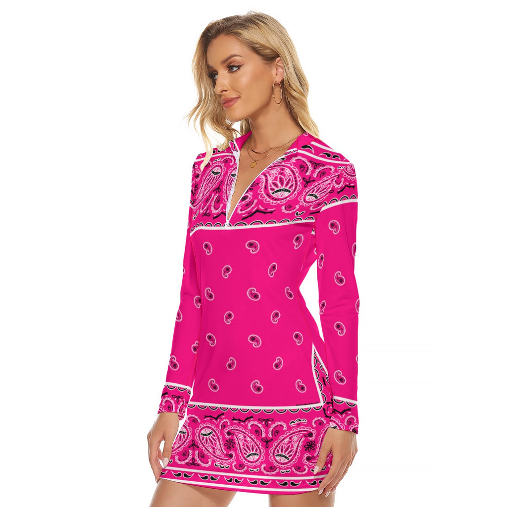 Zip Front Bandana Dress - Hot Pink