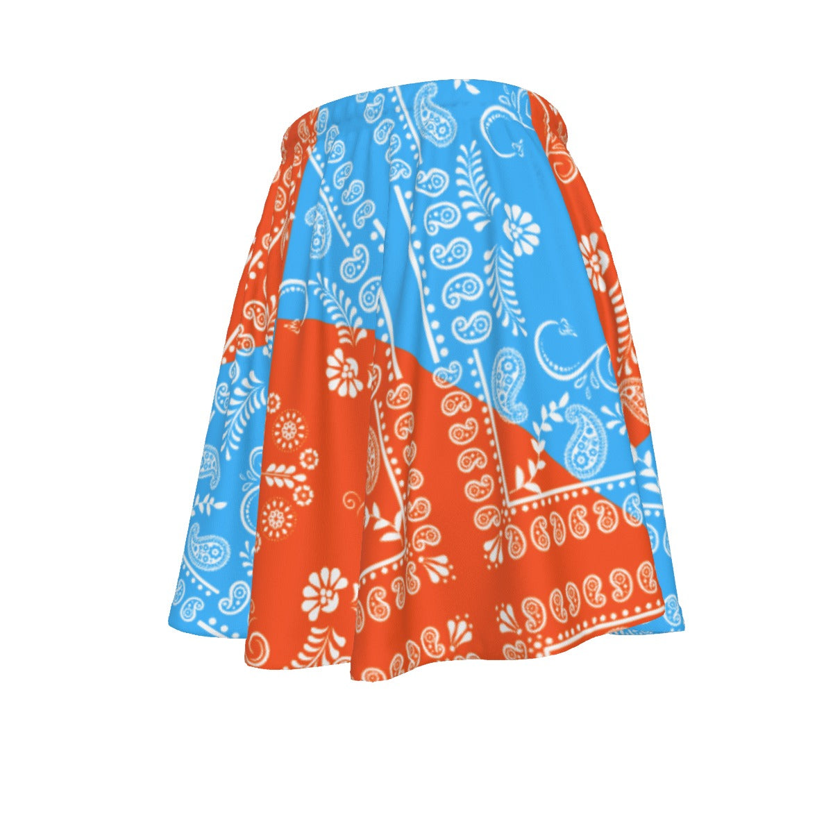 Light Blue and Orange Paisley skirt with a bandana motiff pattern. on a white background.