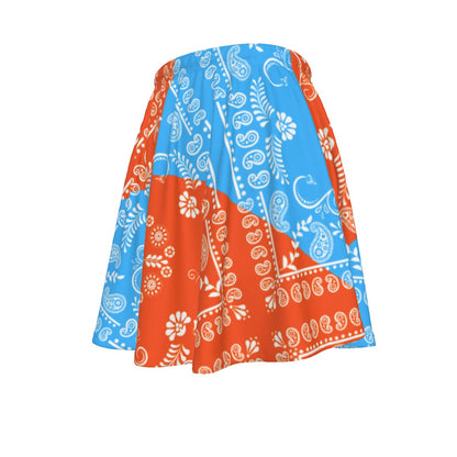 Light Blue and Orange Paisley skirt with a bandana motiff pattern. on a white background.