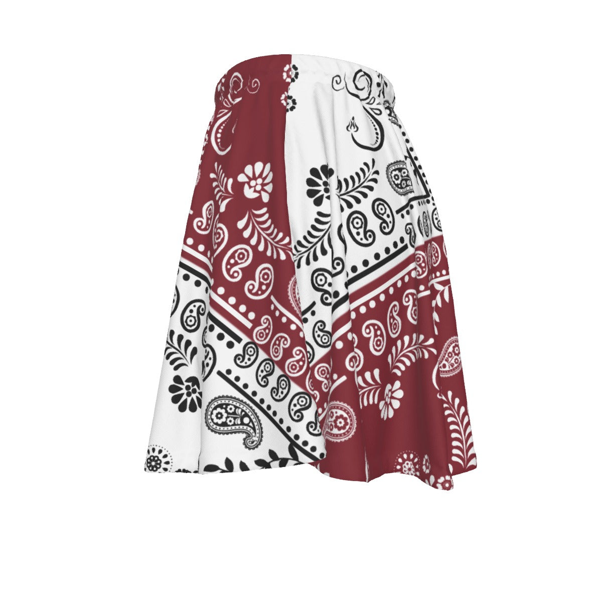 Skirt with maroon, white, and black paisley pattern on a white background