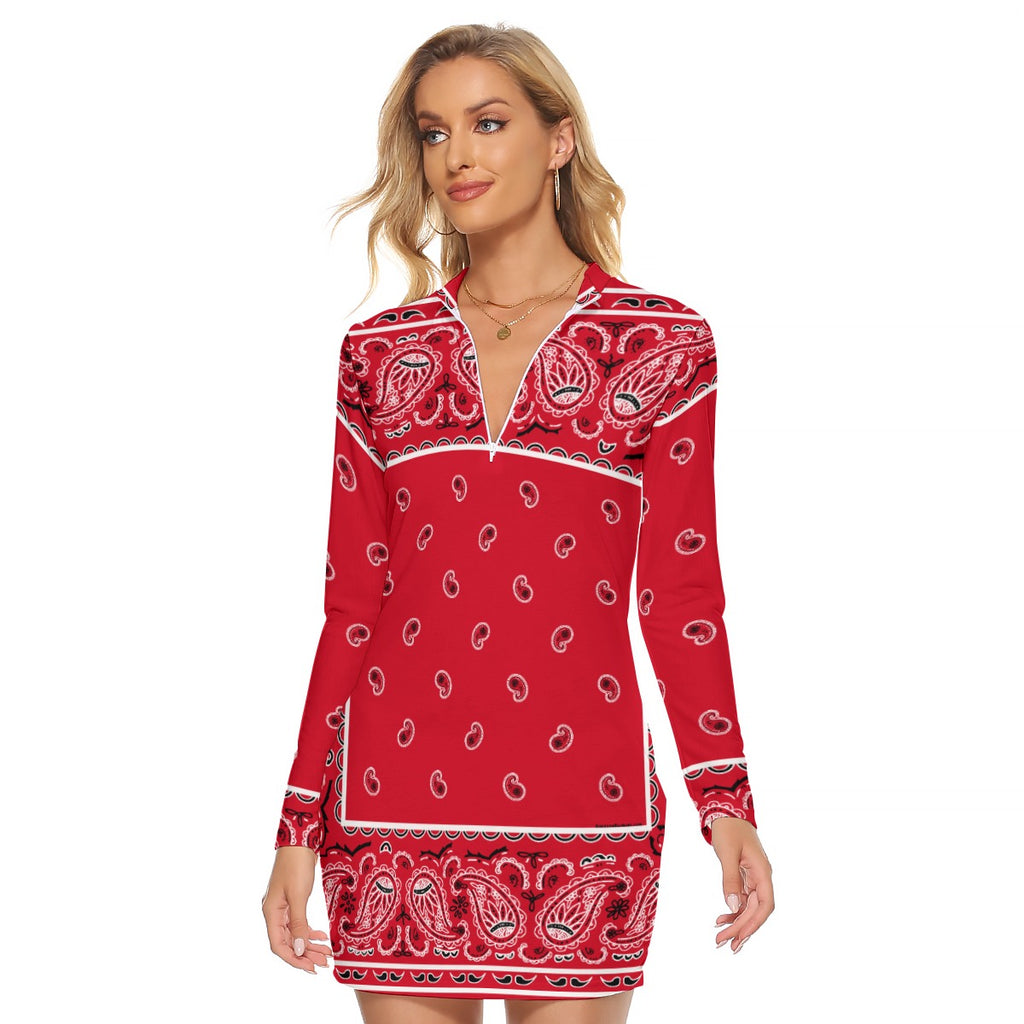 Zip Front Bandana Dress - Red