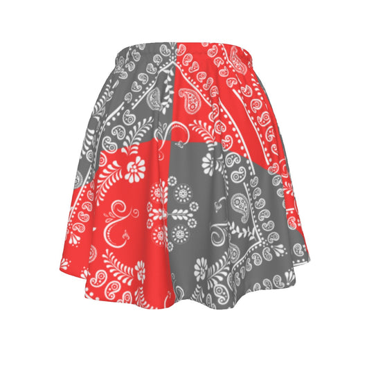 A red and Grey Paisley motif bandana skirt with a white background.