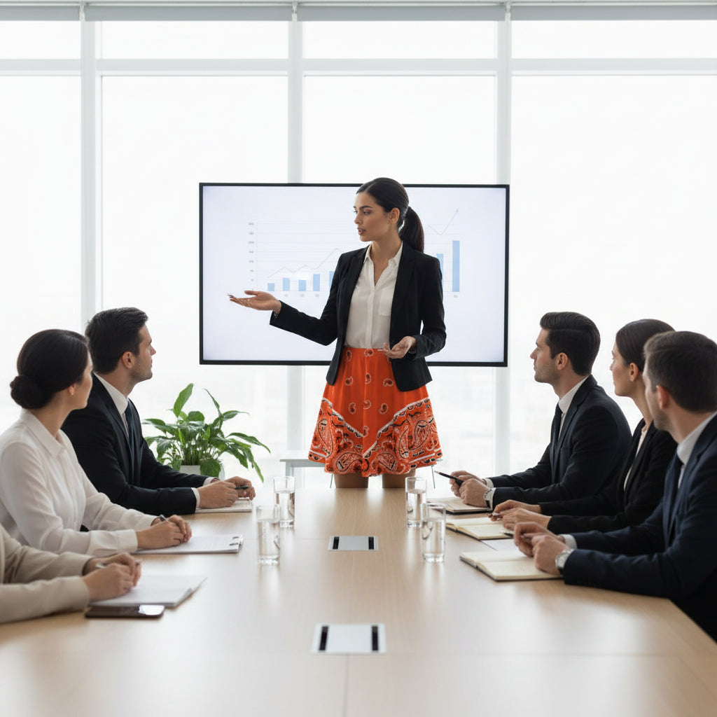 A business women leading a meeting wearing the Bandana Blanket Skirt that is bright orange and features the original Bandana Design.
