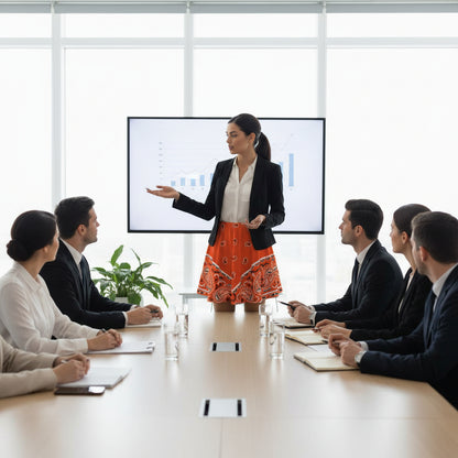 A business women leading a meeting wearing the Bandana Blanket Skirt that is bright orange and features the original Bandana Design.