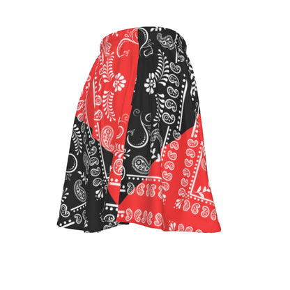 A Red and Black paisley bandana motif skirt on a white background.