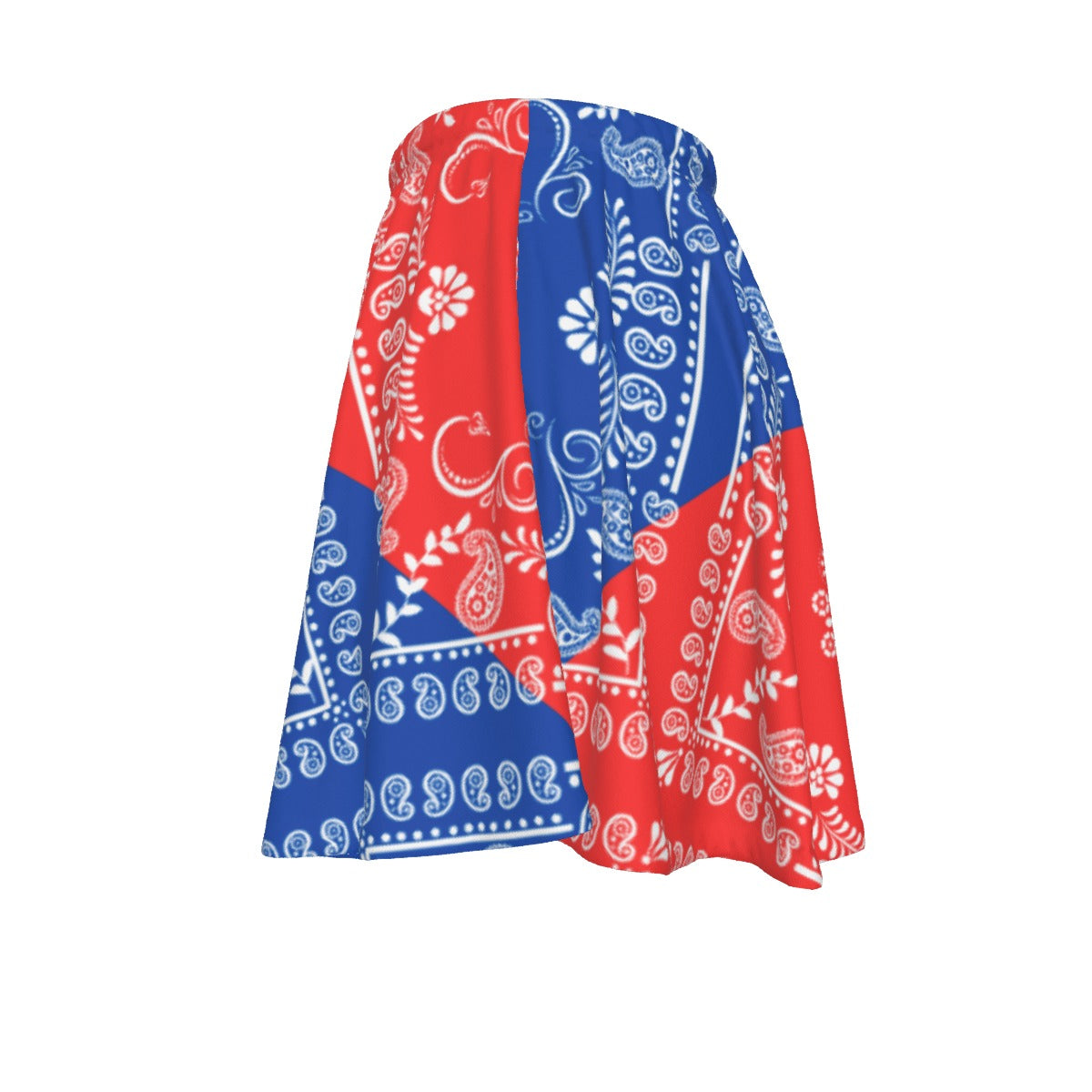 Red and blue bandana with white paisley pattern on a white background