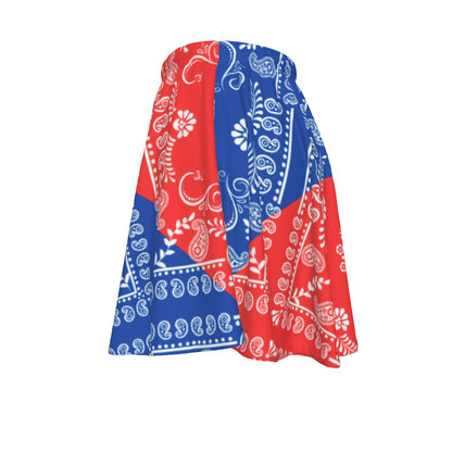 Red and blue bandana with white paisley pattern on a white background